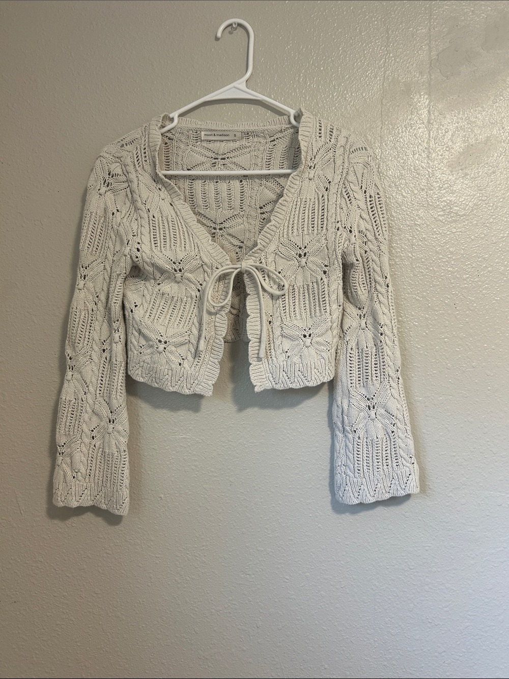 Cropped Open-Knit Tie-Front Sweater Cardigan - Cream